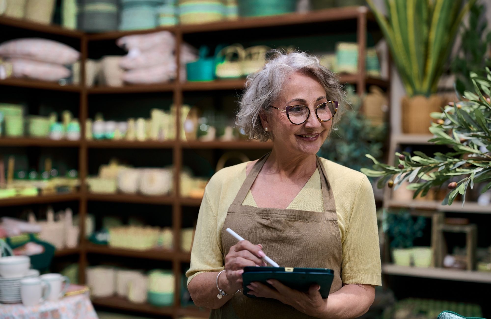 Elder business owner making an inventory of her stock.